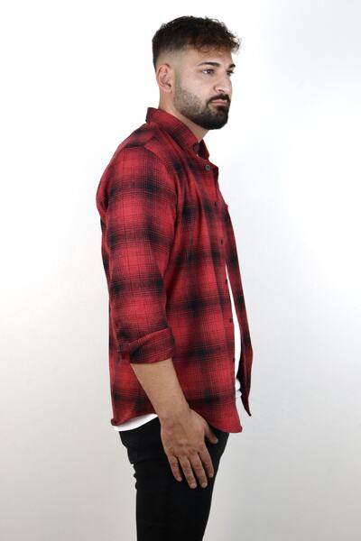alenmeza Erkek Kırmızı Siyah Kışlık Melanj Oduncu Ekose/kareli Cepli Modern Fit Gömlek