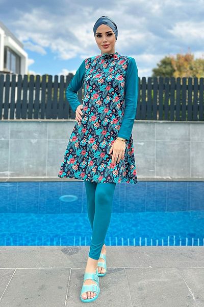 Remsa Mayo Remsa Design Lycra Patterned Fully Covered Swimsuit 900-133 Petrol