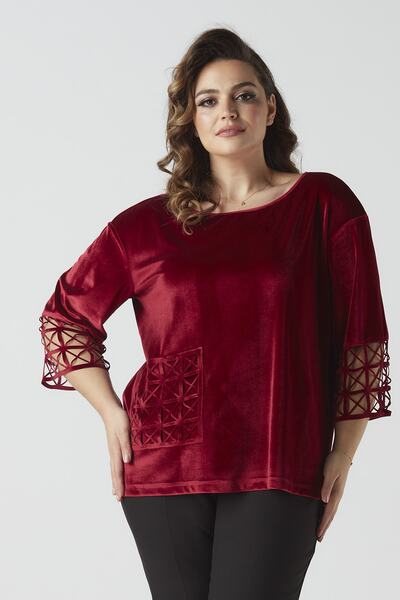 Moda Alba بلوزة نسائية مخملية أنيقة ذات أكمام ثلاثة أرباع باللون العنابي مع جيوب