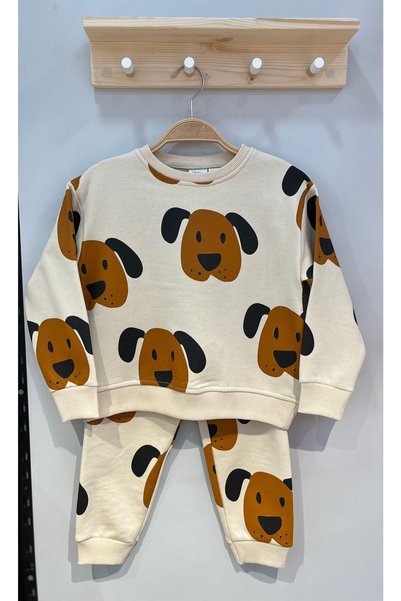 Touch Children's Dog Patterned Cotton Sweatshirt Tracksuit Bottom-Top Set