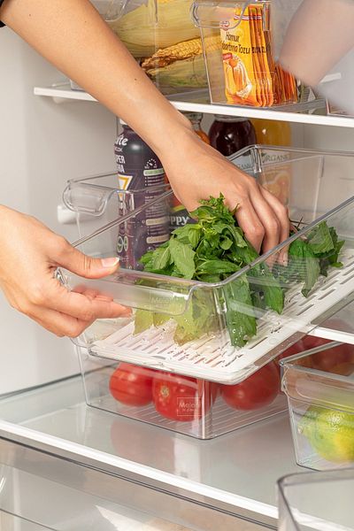 Meleni Home 2-Piece Refrigerator Organizer with Drainer and Cover Inside the Refrigerator Organizer 14 X 32.5 X 20 Cm