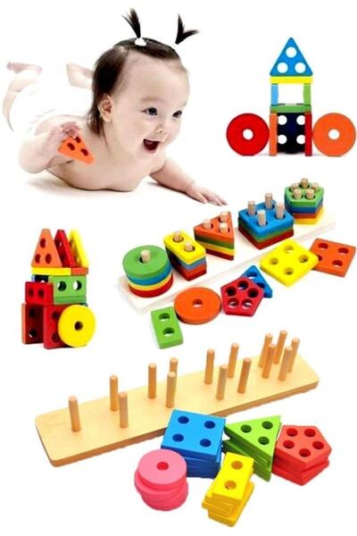 SAMTOYS Montessori Ahşap 5'li Geometrik Eşleştirme Şekil Yerleştirme Bultak E...