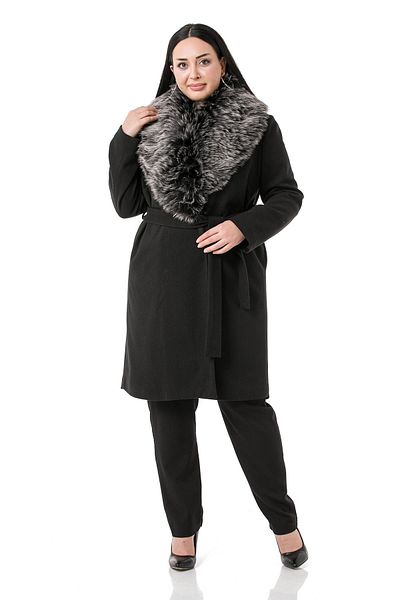 DISENTIS MODEST Plus Size Fur Collar Side Pocket Belted Lined Black Stamp Coat