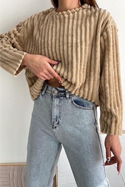 FEMELLE Women's Beige Plush Fabric Standard Size Soft Sweater