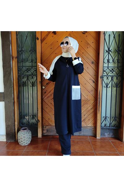 AYSUN AYDEMİR Navy Blue and White Pocket Hijab Tracksuit Set