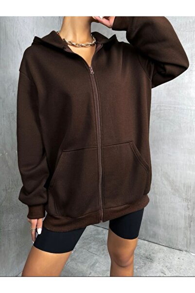 MOONBULL Brown Zippered Oversize Sweatshirt