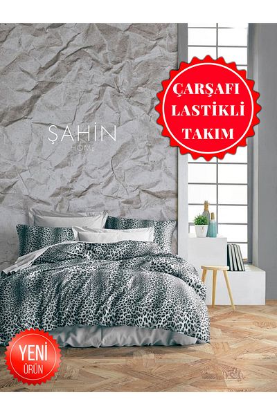 Şahinhome Teenager's Room and Children's Room Gray Leopard Pattern Single Duvet Cover Set with Elastic Sheets