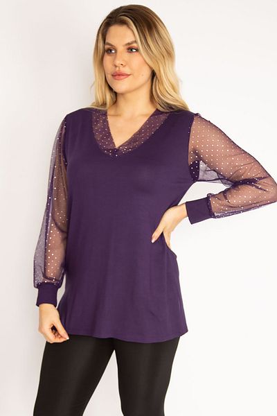 Şans Große Damen-Bluse aus pflaumenfarbenem Kragen und Ärmeln aus silbrigem Tüll 65n35185
