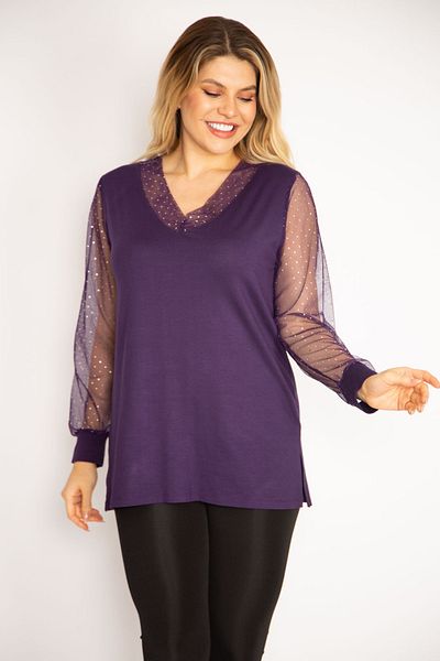 Şans Große Damen-Bluse aus pflaumenfarbenem Kragen und Ärmeln aus silbrigem Tüll 65n35185