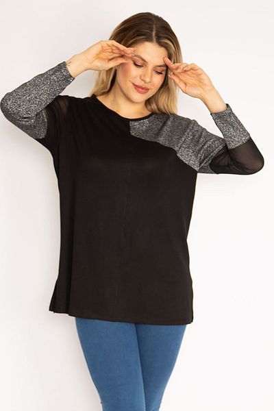 Şans Women's Large Size Black Glitter Detailed Blouse 65n35187
