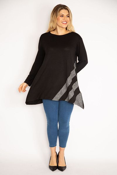 Şans Women's Large Size Black Glitter Detailed Tunic 65n35186