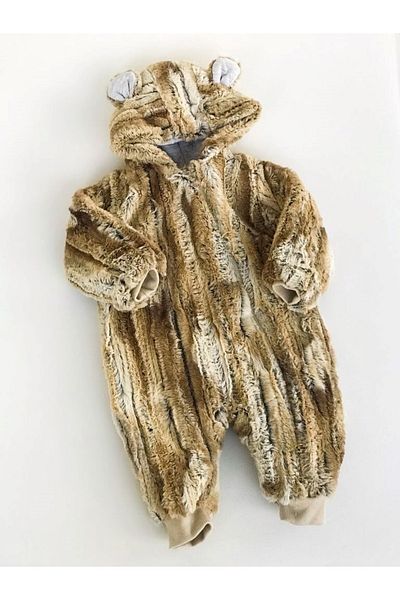 Kidaxi Teddy Bear Patterned Pompom Fur Patterned Inside Gray Lining Hooded Zippered Cosmonaut Brown