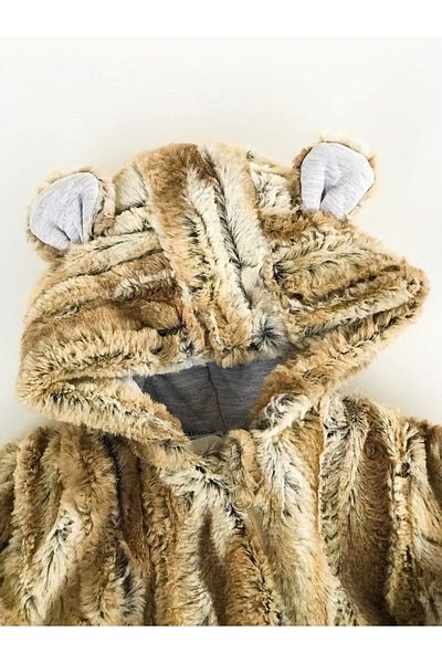 Kidaxi Teddy Bear Patterned Pompom Fur Patterned Inside Gray Lining Hooded Zippered Cosmonaut Brown