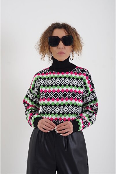 Zelish My Sister Pulover negru cu model retro cu gât roșu