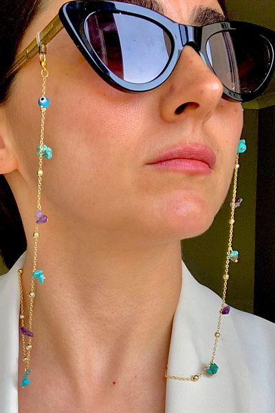Natural Jewelleryy Women's Turquoise and Amethyst Glasses Chain and Bracelet Set