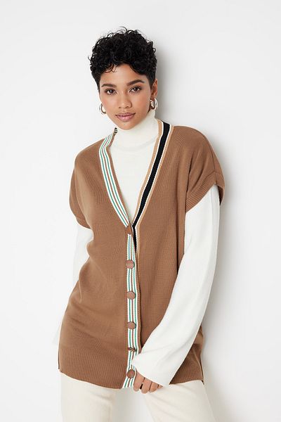 Trendyol Modest Λεπτομερές πλεκτό πουλόβερ καφέ γιακά ρίγες TCTAW22UV0002