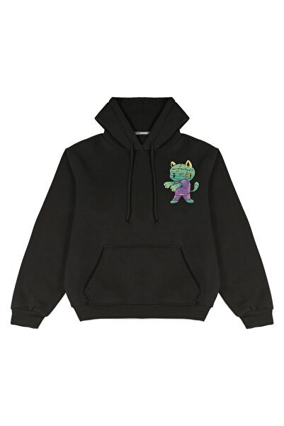 Welly Jones Unisex Cat Printed Oversize Hooded Sweatshirt