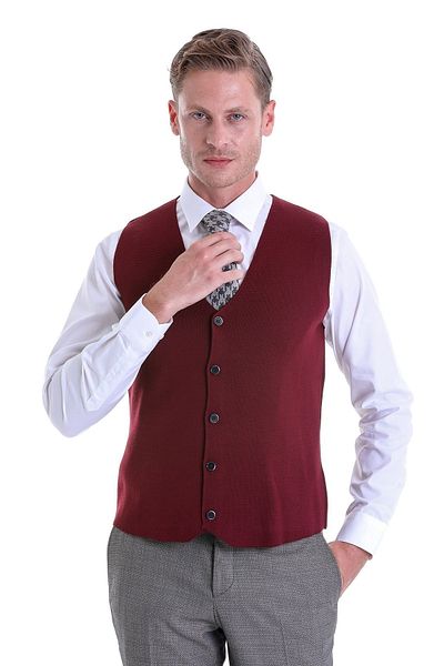 Hatemoğlu Claret Red Comfort Fit Plain V-Neck Woolen Classic Knitwear Vest