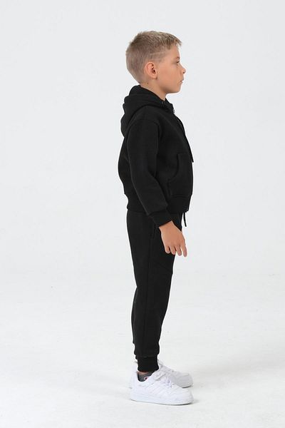 Black One Boy's Double Pocket Hooded Zippered 3 Thread Fabric Children's Tracksuit Set with Cord