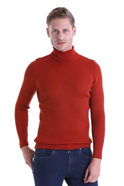 Hatemoğlu Orange Comfort Fit Ribbed Turtleneck Wool Wool Sweater