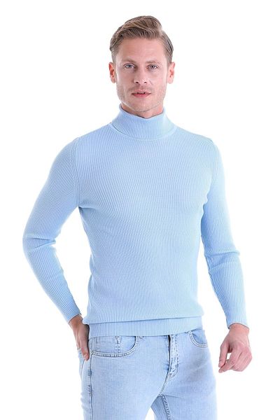 Hatemoğlu Blue Comfort Fit Ribbed Turtleneck Wool Wool Sweater