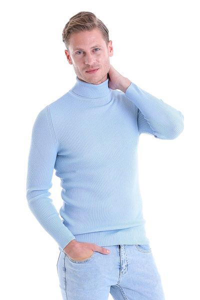 Hatemoğlu Blue Comfort Fit Ribbed Turtleneck Wool Wool Sweater