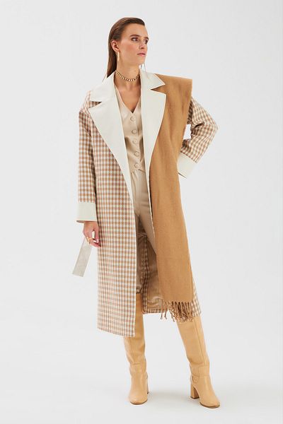 Sateen Leather Detailed Houndstooth Coat - Camel