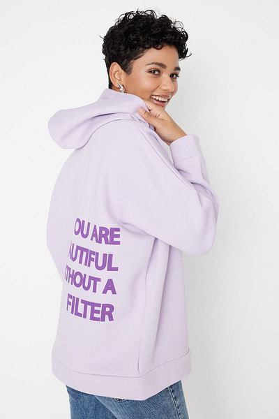 Trendyol Collection Lila, dicker Fleece-Rücken mit Aufdruck, Oversize/weite Passform, Strick-Sweatshirt TWOAW23SW00904