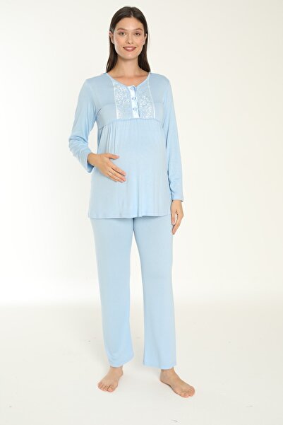 Miss Dünya Lissa Welsoft Lacivert Sabahlıklı Uzun Kol Hamile Ve Lohusa Pijama Takımı