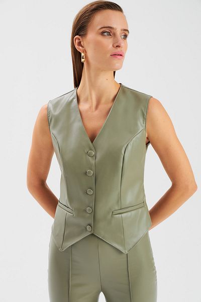 Sateen Button Detailed Leather Vest - Green