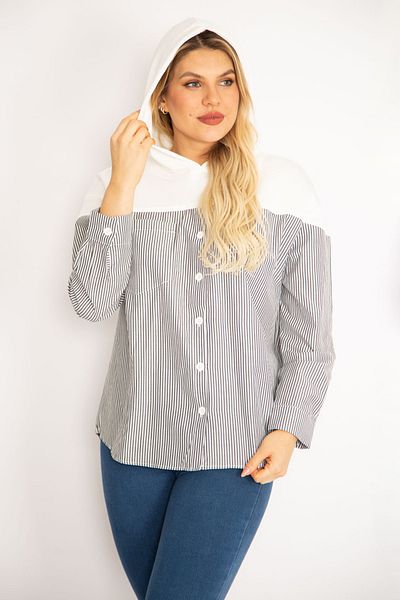 Şans Women's Large Size Gray Front Buttoned Hooded Sports Shirt Tunic 65n35184
