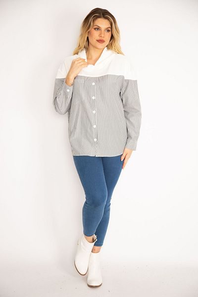 Şans Women's Large Size Gray Front Buttoned Hooded Sports Shirt Tunic 65n35184