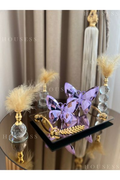 Housess Leaf Detailed Gold Tray, 3-Piece Gold Feather Holder and 2-Piece Purple Butterfly Figurine Ornament