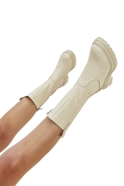 Cabra Blanca Ekru Hakiki Deri Bot Fermuarlı Kadın Bot Tırtıklı Taban Uzun Deri Bot