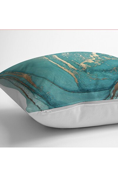 Realhomes Turquoise - Gold Patterned Canvas Patterned Digital Printed Pillow Cushion Cover on Gold Background