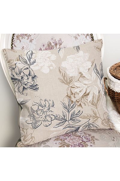 Realhomes Ecru - Floral Patterned Digital Printed Pillow Cushion Cover on Gray Floor