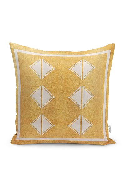 Realhomes Digital Printed Pillow and Throw Pillow Cover with Frame Motif and Diamond Pattern on Yellow Background