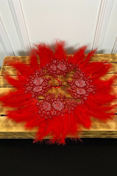 ZEYMERADE Kırmızı Vip Deluxe Gelin Mendili, Boncuk Inci Pul Detaylı Lüks Güpürlü