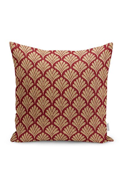 Realhomes Digital Printed Pillow and Throw Pillow Cover with Gold Motif and Leaf Pattern on Claret Red Background