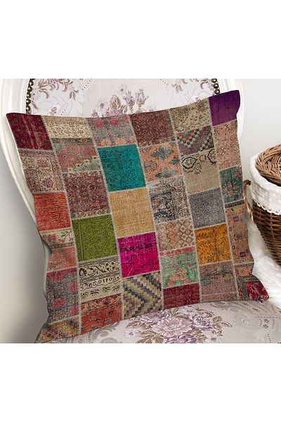 Realhomes Kırkyama Ethnic Pattern Patchwork Patterned Digital Printed Pillow Cushion Cover