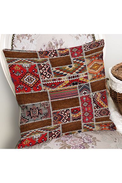 Realhomes Patchwork Patterned Ethnic Patterned Digital Printed Pillow Cushion Cover on Red Background