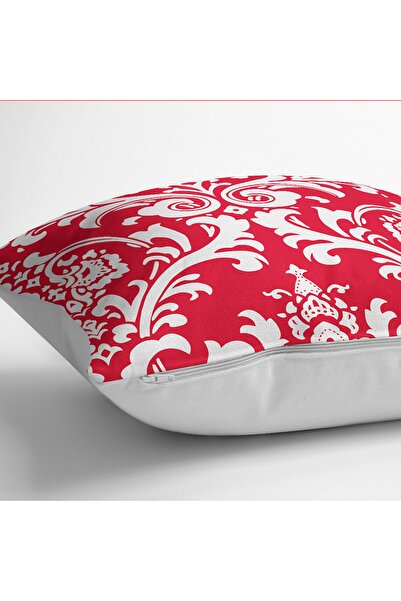 Realhomes Authentic Patterned Digital Printed Pillow and Throw Pillow Cover with Damask Motif on Red Background