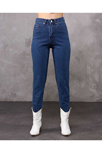 LİMABEL Duru Σκούρο Μπλε Αχρείαστο Mom Jean Γυναικείο Boyfriend Ψηλόμεσο Power Lycra