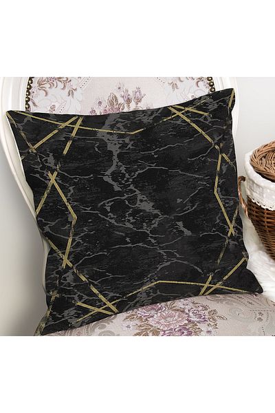 Realhomes Negru - Husă de pernă cu ramă aurie, cu model de marmură, imprimată digital, pe podea