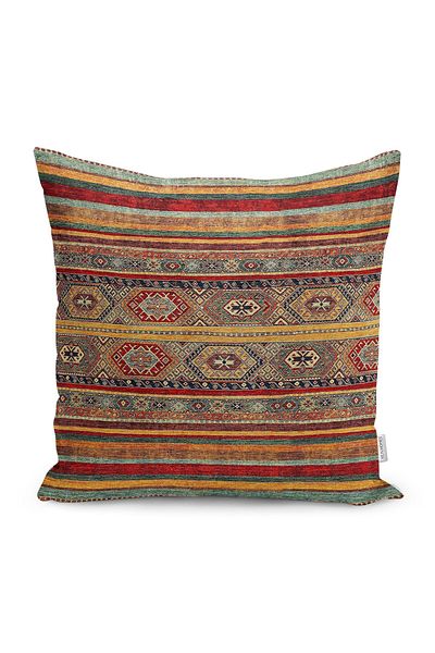 Realhomes Red - Brown Traditional Motif Rug Patterned Digital Printed Pillow Cushion Cover on the Floor