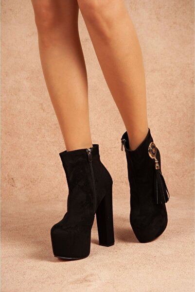 Tarz Topuklar Gold Zincirli Siyah Süet Yüksek Topuklu Bot