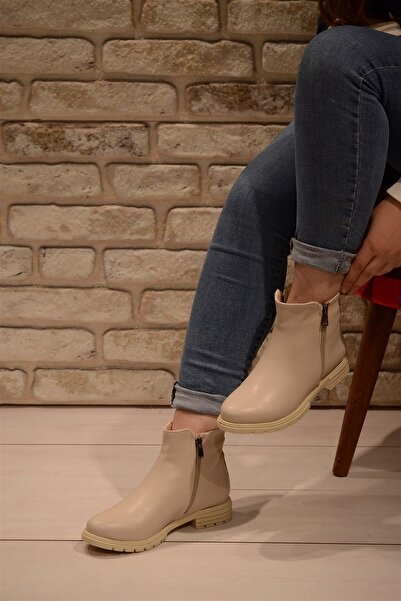 Isy Kadın Krem Cilt Yanı Fermuar Detaylı Kısa Bot&bootie
