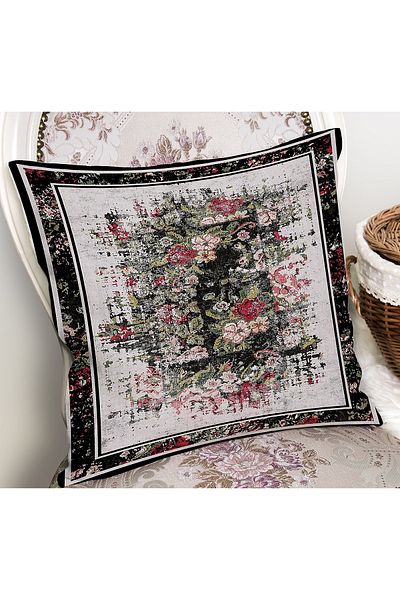 Realhomes Negru - Roșu, cu ramă, cu model floral, husă de pernă imprimată digital pe podea