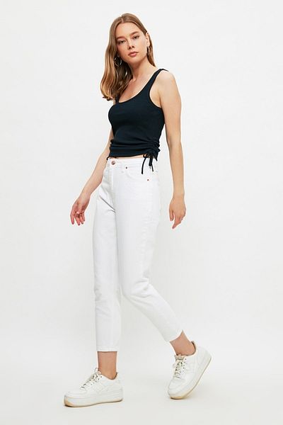 MAKRAS EXCLUSIVE Blugi Mom albi cu talie înaltă