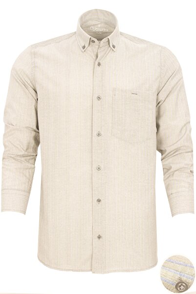Varetta Men's Beige Striped Long Sleeve Classic Cut Collar Buttoned Shirt